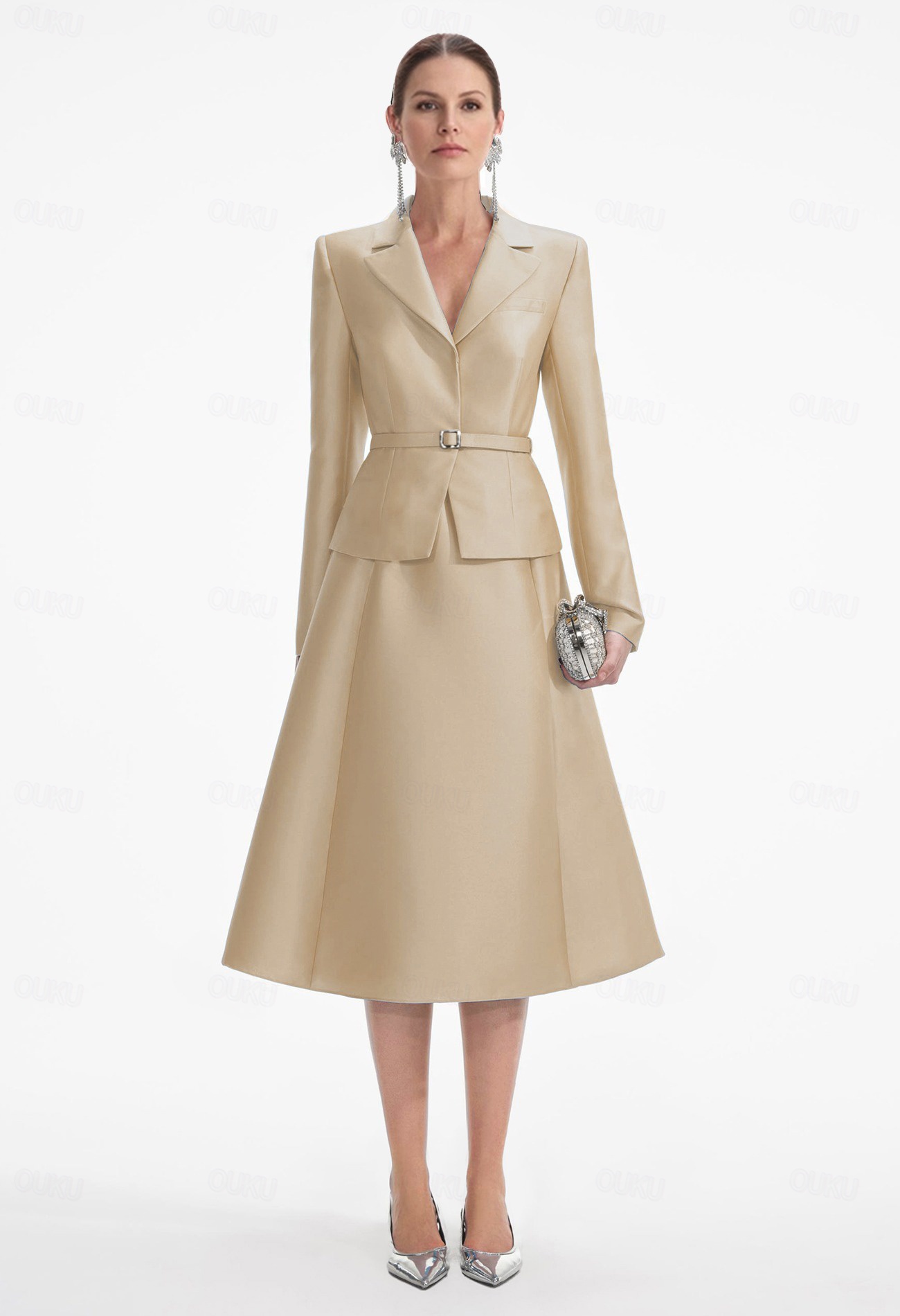 tuxedo dress knee length Women's A-Line Formal Wedding Guest Satin Elegant Long Sleeve Tea Notched Lapels 2026 back split
