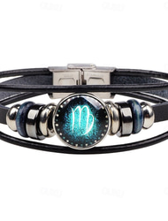1pcs Men's Leather Bracelet 12 Constellation Vintage Punk Black Zodiac Rock Hip Hop Bracelet Jewelry