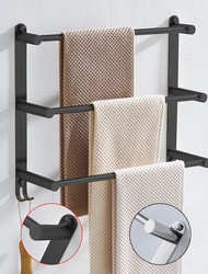 Suporte de toalha com ganchos, rack de toalha de 3 camadas de aço inoxidável montado na parede prateleira de armazenamento para banheiro 30cm ~ 70cm barra de toalha toalheiro cabide de toalha (preto