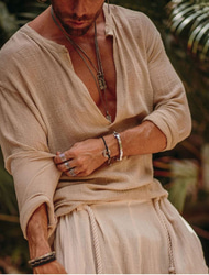 Hombre Camisa camisa de lino Estilo vikingo Camisa de verano Ropa de playa Color sólido Exterior Calle Verde Beige Manga Larga Escote en Pico Verano Primavera Ropa