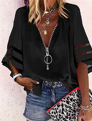 Mulheres Camisa Social Blusa Preto Branco Amarelo Tecido Listrado Zíper Manga 3/4 Diário Feriado Básico Negócio Casual Decote V S