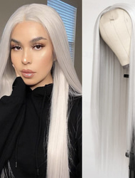 perucă albă platină păr lung și drept perucă blond platină păr din fibre rezistente la căldură perucă sintetică fără șireturi pentru femei la modă peruci de petrecere de Crăciun