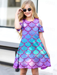 Girls' 3D Mermaid Dress Short Sleeve 3D Print Summer Spring Vacation Daily Holiday Cute Casual Sweet Kids 3-12 Years A Line Dress Above Knee Regular Fit