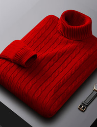 Herren Pullover Zur Seite fahren Gerippt Gedrehtes Stricken Cropped Strick Feste Farbe Rollkragen warm halten Moderne zeitgenössische Arbeit Freizeitskleidung Bekleidung Herbst Winter Kamel Wein S M L
