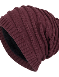 Men's Beanie Hat Winter Hats Cap Knit Cuffed Black Wine Acrylic Fibers Knitted Fleece Fashion Traditional / Classic Outdoor clothing Casual Daily Plain Warm