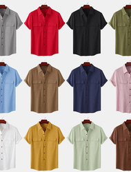 Homens camisa de linho Aberto para a Lateral Verão Manga Curta Rosa Claro Branco Verde Claro Tecido Casual Feriado Roupa