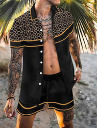 Men's Floral 2pcs Shirts Sets Summer Hawaiian Shirt Short Sleeve Short Pants Turndown Tropical Fashion Hawaiian Casual Holiday Beach Print Summer Spring Black White Yellow
