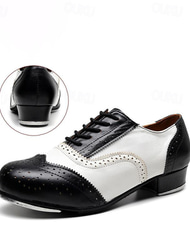 Men's Black and White Oxford Tap Dance Shoes – Classic Faux Leather Lace-Up Shoes with Metal Plates for Professional Performances