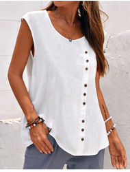 Women's Camisole Tank Top Plain Hawaiian Basic Sleeveless Round Neck Cotton Linen Vest  Casual Weekend Buttons Black White Blue Green