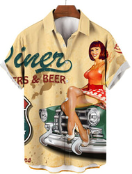 Bărbați Scrisă Μηχανή Pin Up Girl Cămașă Cămașă hawaiană Cămașă Aloha Mânecă scurtă Cămașă Răsfrânt Epocă Tropical Modă Stradă Casual Hawaiian Galben Deschis Negru Galben S M L