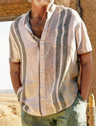 Voor heren Katoenen linnen overhemd Popover-shirt Zomer overhemd Normaal shirt Strand hemd Gestreept Vakantie Casual Beige Korte mouw Strijkijzer Zomer Kleding Afdrukken