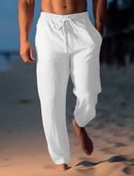 Men's Linen Pants Trousers Summer Pants Beach Pants Drawstring Elastic Waist Straight Leg Plain Comfort Breathable Casual Daily Holiday Fashion Classic Style Light Khaki Black