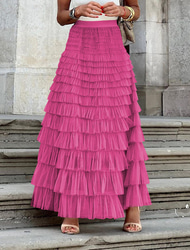 Damskie Spódnica Huśtawka Tutu Elegancja Moda Codzienny Maxi Wysoka talia Spódnice Solidne kolory Pofałdowany Urlop Ulica Morelowy Czarny Khaki Czerwona róża Wiosna i lato Poliester