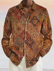 Hombre Tribal Étnico Impresión de pañuelo Camisa Abotonar la camisa Manga Larga Vintage Tribal Exterior Calle Casual Diario Otoño invierno Cuello Vuelto Botones Estampado Amarillo Morado Naranja