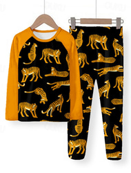 Boys 3D Tiger Pajama Sets Long Sleeve 3D Print Fall Winter Fashion Cool Daily Kids 3-12 Years Crew Neck Home Causal Indoor Regular Fit