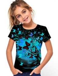 女の子 3D フラワー 動物 オオカミ Tシャツ 半袖 3Dプリント 夏 春 活発的 ファッション かわいいスタイル 子供 3〜12年 アウトドア 日常 レギュラー