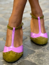 Women's Green and Purple T-Strap Suede Block Heels – Vintage Two-Tone Round Toe Shoes for Parties, Work, and Retro Outfits
