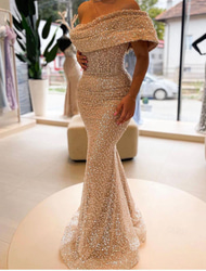 Gold Mermaid Sequined Evening Gown Elegant Dress Formal Floor Length Sleeveless Off Shoulder Masquerade Dress