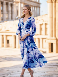 Abito A-Line Madre della Sposa Abito da Sposa Elegante Vintage V Neck Lunghezza Tè Chiffon Manica Lunga con Fiore Arricciato Abito da Sposa ospite matrimonio taglia personalizzata gratuita