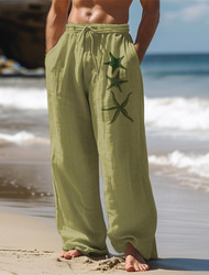 Herren Seestern Leinenhosen Hosen Hose Baggy-Hosen Mittlere Taille Vintage Outdoor Alltagskleidung Streetwear Seitentaschen Elastisches Kordelzugdesign Weiß Blau Grün