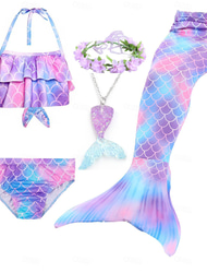 Kids Girls' Five Piece Mermaid Swimwear Swimwear Bikini Beach Swimming Rainbow Tie Dye Cute Bathing Suits 3-10 Years Summer Light Blue Colorful