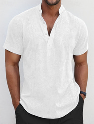 Per uomo Camicia camicia di lino Camicia Guayabera Camicia con colletto a fascia Camicia popover Camicia estiva Liscio Informale Giornaliero Bianco Blu marino Blu Cachi Manica corta Colletto Estate