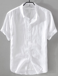Herr Skjorta Linneskjorta Casual skjorta Bomullskjorta Slät Semester Gata Vit Himmelsblå Armégrön Mörkblå Kortärmad Nedvikt Sommar Kläder Button-Down