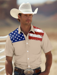 Bărbați Steag Drapelul SUA american Cămașă Cămașă occidentală Cămașă de cowboy Manșon scurt stil vestic Tribal Vară Primăvară Guler Cămașă Kaki