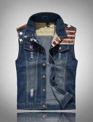 Bărbați Gilet Vestă din denim Purtare Zilnică Vacanță Ieșire Modă De Bază Primăvara & toamnă Buton Buzunar Amestec Bumbac Comfortabil Steag Național Cu Un Nasture Rever Fit regulat Albastru Vestă