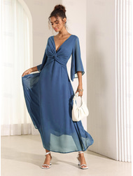 Women's Wedding Guest Cocktail Dress Chiffon Plain Ruffle Twisted Elegant Summer Maxi Dress V Neck Flared 3/4 Length Sleeve