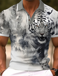 Herr Tiger Pikétröjor Golftröja Kortärmad Polotröjor Skjortor med krage Rolig Streetwear Semesterkläder Festkläder Knappar 3D-utskrift Vår & sommar Grå