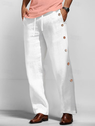 40% Linen Men's Linen Pants Trousers Summer Pants Drawstring Elastic Waist Side Button Plain Breathable Comfortable Office / Career Daily Vacation Classic Casual Black White