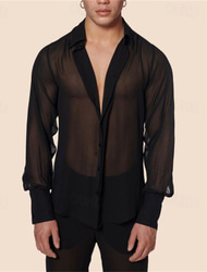 Men's Shirt Summer Shirt Mesh Shirt Sheer Shirt Sheer Blouse Black Long Sleeve Plain Lapel Hawaiian Holiday Mesh Clothing Apparel Fashion Casual Comfortable
