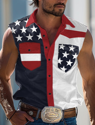 Herren Amerikaner / USA Nationalflagge Hemd Westernhemd Cowboy-Shirt Ärmellos westlicher Stil Outdoor Party Sommer Frühling Hemdkragen Weiß