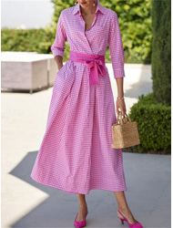 Damen Hemdblusenkleid Freizeitkleid Maxi Langes Kleid Date Urlaub Modern Casual Hemdkragen Schnürung Knopf Langarm Sommer Frühling Regular Fit Kariert