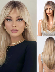 Ombre blond peruk för kvinnor lång rak lagerperuk med lugg syntetiskt hår med högljus Halloween-peruker