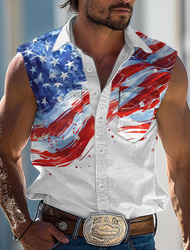Herren Amerikaner / USA Nationalflagge Hemd Westernhemd Cowboy-Shirt Ärmellos westlicher Stil Outdoor Party Arbeit Sommer Frühling Hemdkragen Weiß