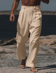 Men's Dress Pants Linen Pants Trousers Summer Pants Buttons Front Pocket Straight Leg Plain Comfort Breathable Casual Daily Holiday Fashion Basic White Beige