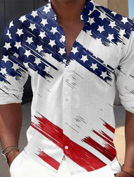 American Independence Day Men's American Flag Patriotic Button Up Shirt Long Sleeve Casual Vacation Daily Summer Spring &  Fall Band Collar grandad collar 3D Print Blue