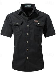 Men's Shirt Workwear Shirts Casual Shirt Work Shirt Button Up Shirt Black Blue khaki Army Green Gray Short Sleeve Plain Lapel Vacation Holiday Pocket Clothing Apparel Polyester Fashion Casual