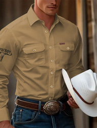 Men's Cow Work Shirt Western Shirt Cargo Shirt Long Sleeve Casual Tactical Sports & Outdoor Going out Winter Spring &  Fall Turndown Print Black off-white Khaki