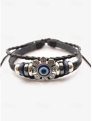 Men's Leather Evil Eye Bracelet with Vintage Metal Accents – Bohemian Protection Jewelry