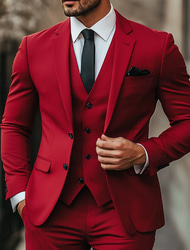 Men's Wedding Christmas Suits Red Fashion Daily Summer Solid Colored Standard Fit 3 Piece Single Breasted Two-buttons