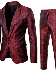 Men's Set Blazer Business Cocktail Party Wedding Party Fashion Casual Spring &  Fall Cotton Blend Paisley Buttons Pocket Comfortable Single Breasted Blazer Black Yellow Burgundy Navy Blue