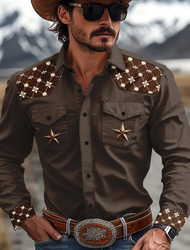 Men's Pentagram Western Shirt Cowboy Shirt Long Sleeve Western Sport Spring Fall Turndown Patchwork Dark Brown Brown