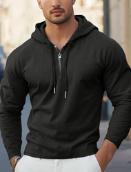 Men's Waffle Tee T Shirt Zip Up Hoodies Long Sleeve Hoodie Spring Fall Spring &  Fall Solid Color Knitwear Daily Color-Blocking Outdoor Causal Casual Black White Light Gray Top Tee for Men
