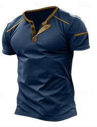 Herr Knapp T-shirt T-shirt Henleytröja T-shirts Kortärmad Henley Vår & sommar Färgblock Mode Designer Grundläggande Lappverk Semester Gata Utekväll Svart Vit Mörkblå Topp t-shirt för män