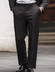 Men's Stripe Geometric Pattern Dress Pants Mid Waist Business Casual Formal Wedding Dailywear Zipper Pocket Straight Leg Trousers Summer Spring Fall 3D Print Black