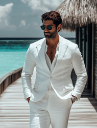 Herren Sommer Hochzeit Leinenanzüge Weiß Leicht Freizeit Einfarbig Standard Fit 2-Teilig Einreiher Zwei-Knöpfe