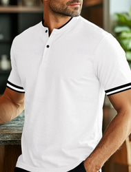 Men's Collarless Polo Shirt Golf Shirt Home Casual Stand Collar Short Sleeve Basic Comfortable Solid Color Button Summer Spring Regular Black and White Red Polo Shirt